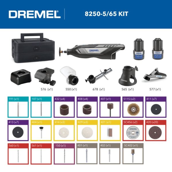 Dremel 8250 Platinum+ 12V akuminifrees, kaks akut + 65 tarvikut - Image 2