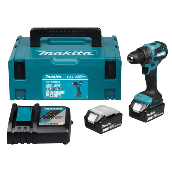 Akutrelli komplekt Makita DDF490RTJ, 2x18V 5.0Ah akut ja laadiga