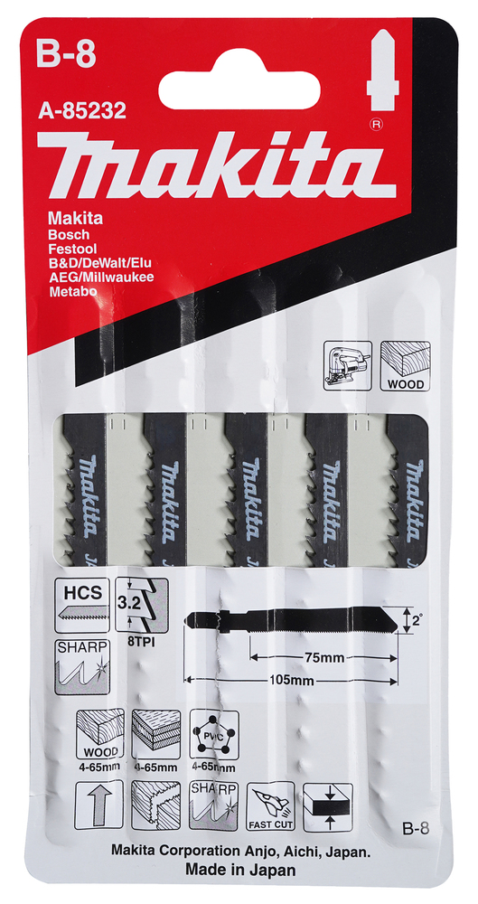 Tikksaeterad B-8 75mm HCS 5tk. puit 4-65mm,PLP 4-65mm, PVC 4-65mm, kiire lõige – Makita