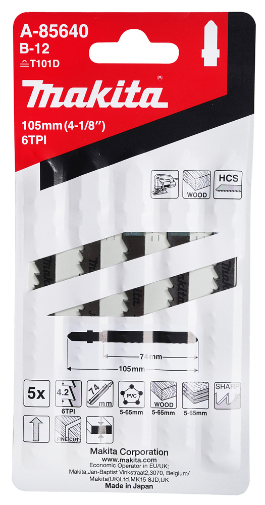 Tikksaeterad B-12 (T101D) 75mm HCS 5tk. puit 5-65mm, plp 5-65mm, PVC 5-65mm, puhas lõige – Makita