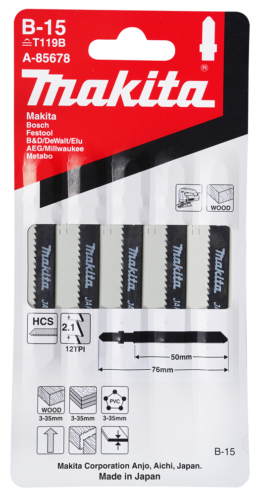 Tikksaeterad B-15 (T119B) 50mm HCS 5tk. puit 3-35mm, plp 3-35mm, PVC 3-35mm – Makita
