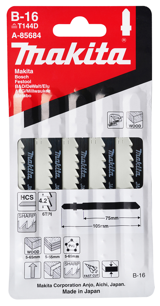 Tikksaeterad B-16 (T144D) 75mm HCS 5tk. puit 5-65mm, plp 5-65mm, PVC 5-65mm, kiire lõige – Makita