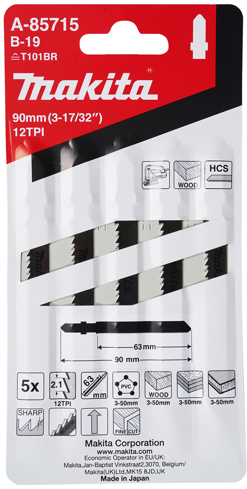 Tikksaeterad B-19 (T101BR) 65mm HCS 5tk. puit 5-50mm, plp 3-50mm, PVC 3-50mm, laminaat 5-50mm, puhas lõige, neg. – Makita