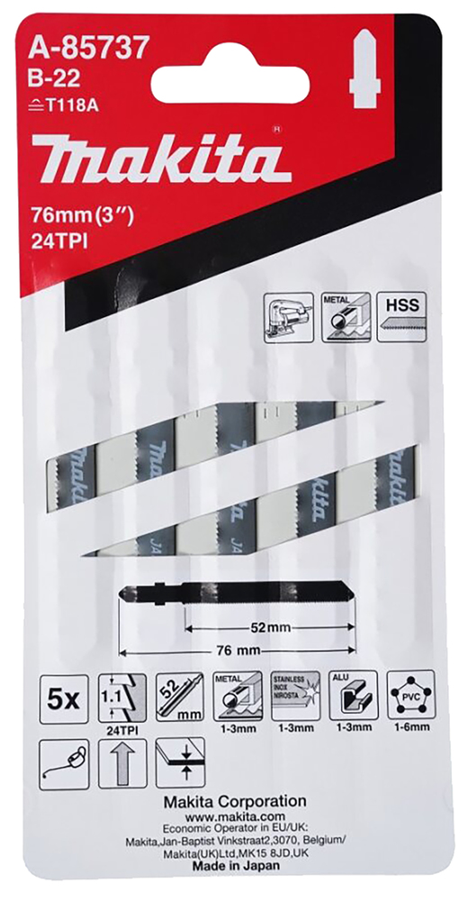 Tikksaeterad B-22 (T118A) 50mm HSS 5tk. met. 1-3mm,PVC 1-6mm, alu 1-3mm, RST 1-3mm, õhuke materjal – Makita