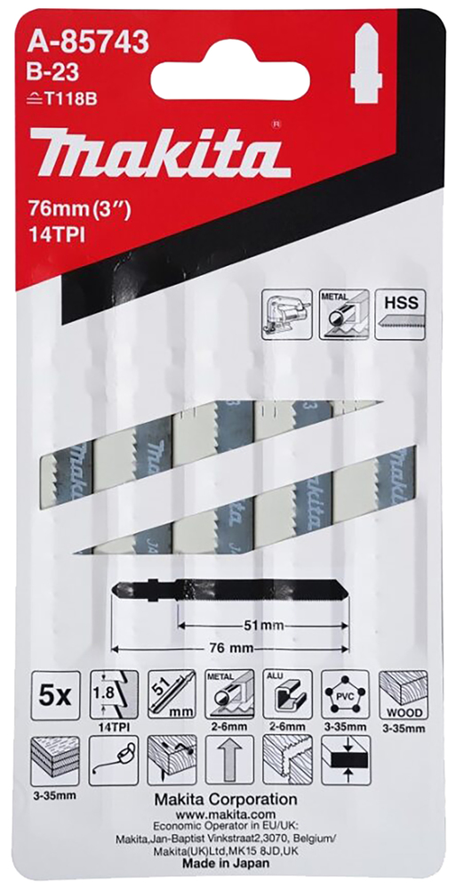 Tikksaeterad B-23 (T118B) 50mm HSS 5tk. puit 3-35mm, plp 3-35mm, PVC 3-35mm, alu 2-6mm, met. 2-6mm, naeltega puit – Makita