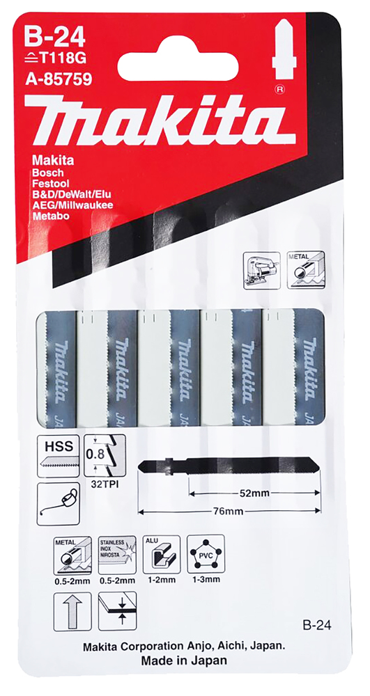 Tikksaeterad B-24 (T118G) 52mm HSS 5tk. PVC 1-3mm, alu 1-2mm, RST 0,5-2mm, met. 0,5-2mm, väga õhuke materjal – Makita
