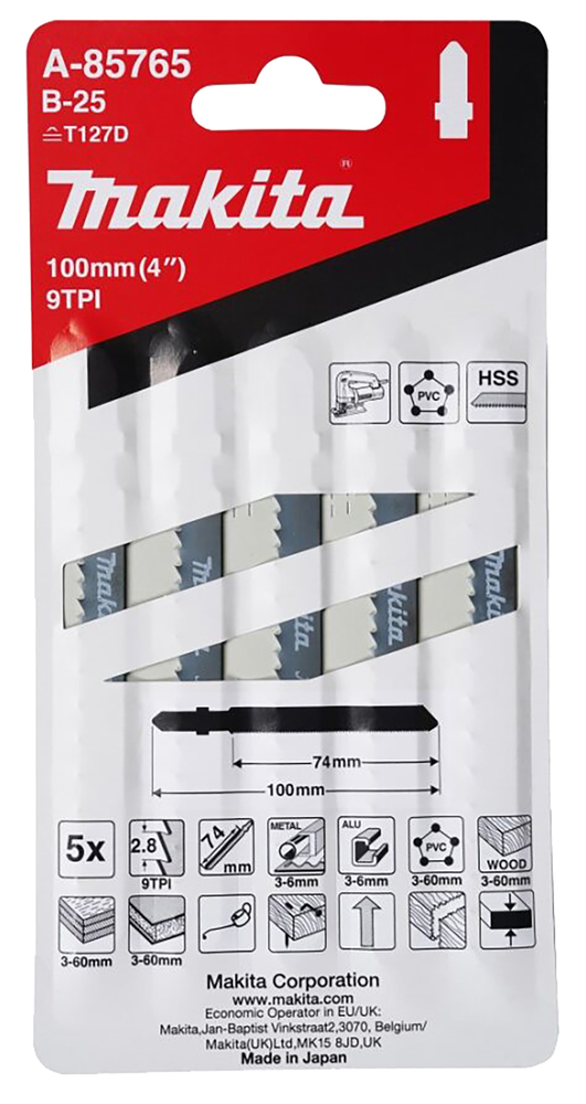 Tikksaeterad B-25 (T127D) 75mm HSS 5tk. puit 3-60mm, plp 3-60mm, laminaat 3-60mm, alu 3-6mm, met. 3-6mm, PVC 3-60mm, naeltega puit – Makita