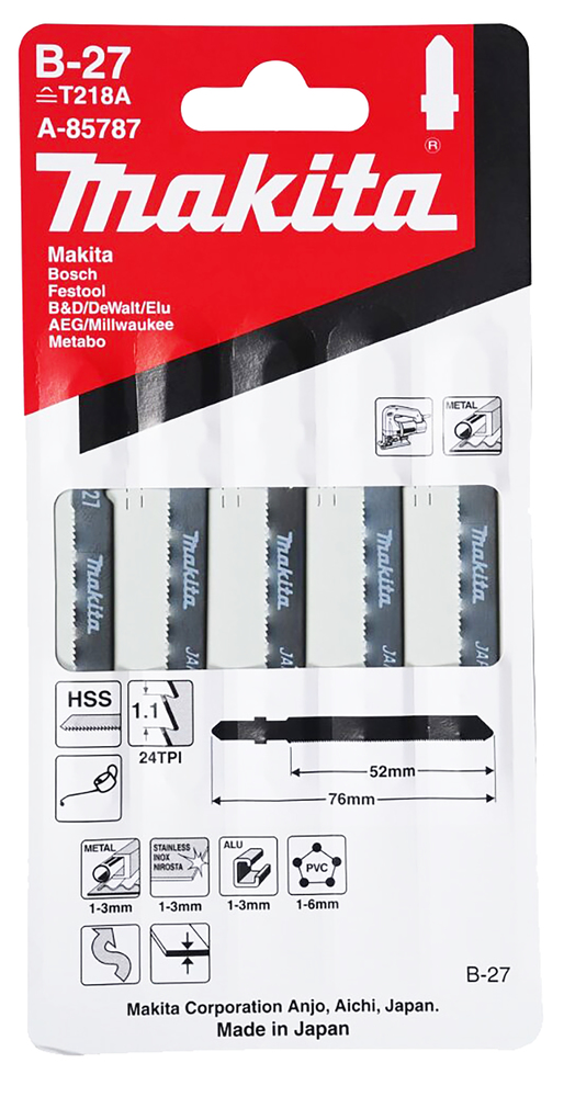 Tikksaeterad B-27 (T218A) 50mm HSS 5tk. PVC 1-6mm, alu 1-3mm, RST 1-3mm, met. 1-3mm, õhuke materj., kujundlõige – Makita