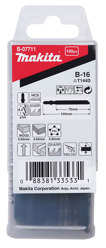 Tikksaeterad B-16 (T144D) 75mm HCS 100tk. puit 5-65mm, plp 5-65mm, PVC 5-65mm, kiire lõige – Makita