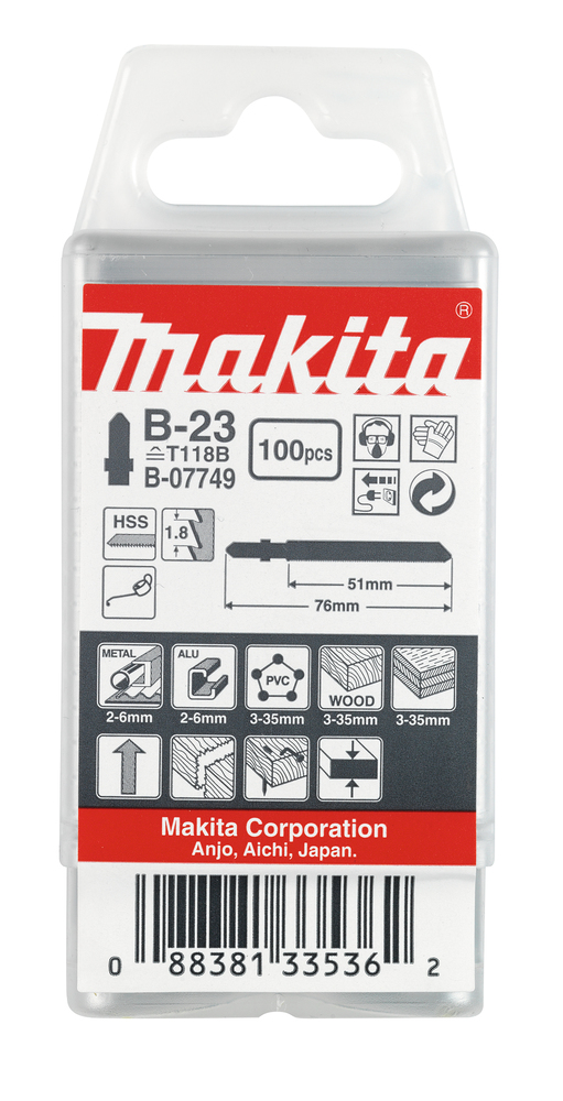 Tikksaeterad B-23 (T118B) 51mm HSS 100tk. puit 3-35mm, plp 3-35mm, plast 3-35mm, alu 2-6mm, met. 2-6mm – Makita