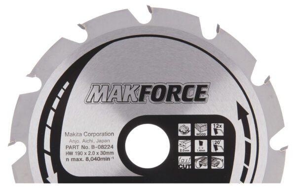 T.C.T hammastega saeketas puidu lõikamiseks 190X2X30mm 20° T12 MAKFORCE saeketas kaasaskantavatele saagidele – Makita