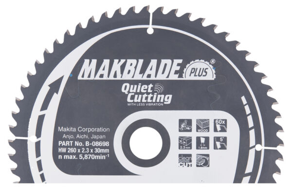 T.C.T hammastega saeketas puidu lõikamiseks 260X2.3X30mm 5° T60 MAKBLADE PLUS – Makita