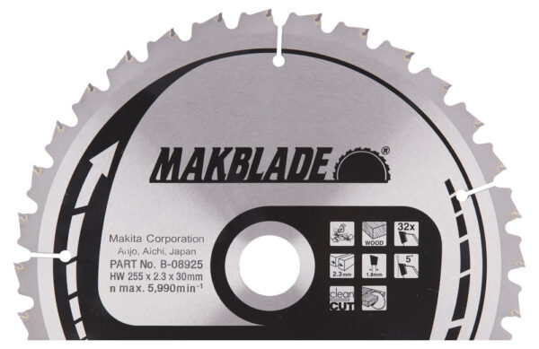 T.C.T hammastega saeketas puidu lõikamiseks 255X2.3X30mm 5° T32 MAKBLADE – Makita