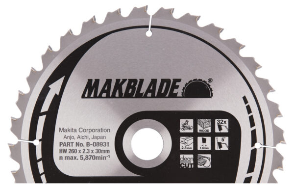 T.C.T hammastega saeketas puidu lõikamiseks 260X2.3X30mm 5° T32 MAKBLADE – Makita