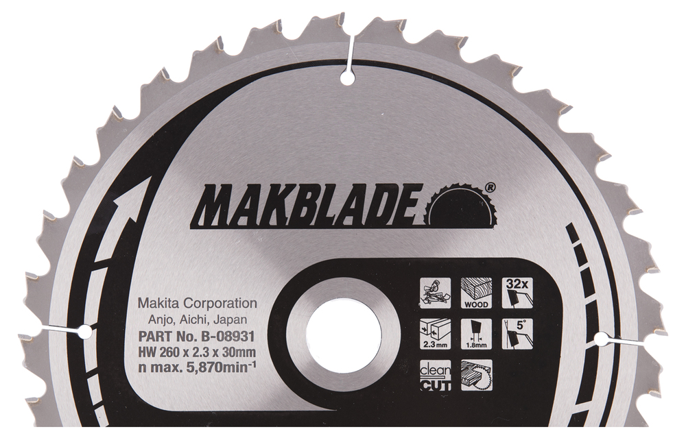 T.C.T hammastega saeketas puidu lõikamiseks 260X2.3X30mm 5° T32 MAKBLADE – Makita