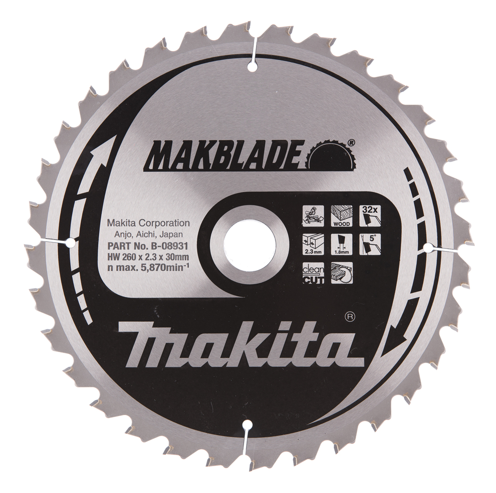 T.C.T hammastega saeketas puidu lõikamiseks 260X2.3X30mm 5° T32 MAKBLADE – Makita