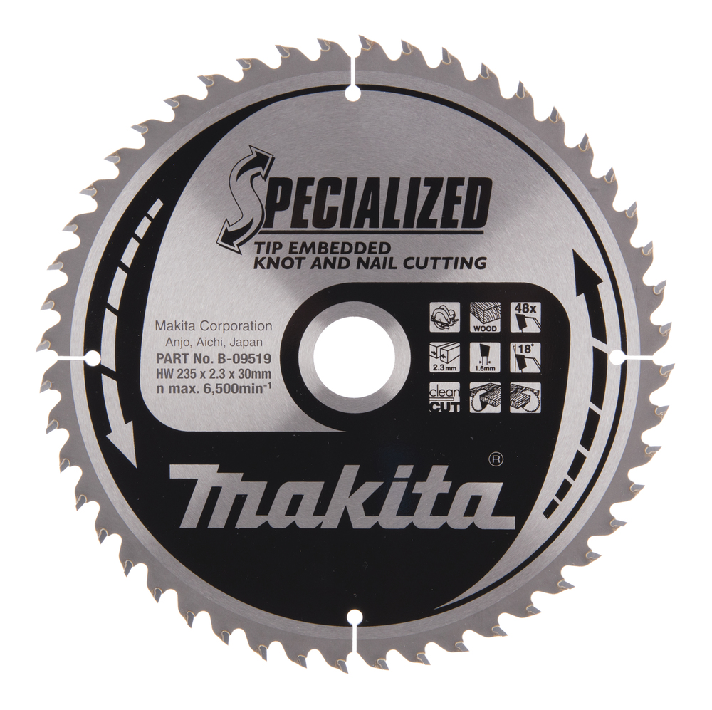 T.C.T hammastega saeketas Naeladega puidu lõikamiseks 235X2.3X30mm 18° T48 SPECIALIZED saeketas oksakohtade ja naeltega materjali lõikamiseks – Makita