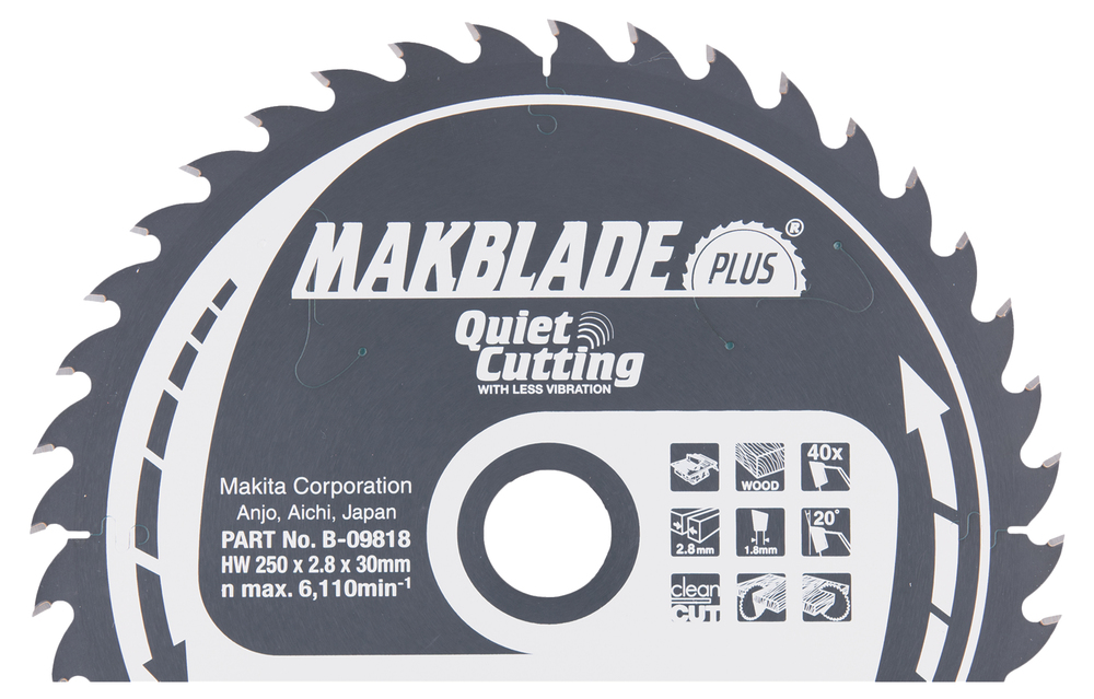 T.C.T hammastega saeketas puidu lõikamiseks 250X2.8X30mm 20° T40 MAKBLADE PLUS – Makita