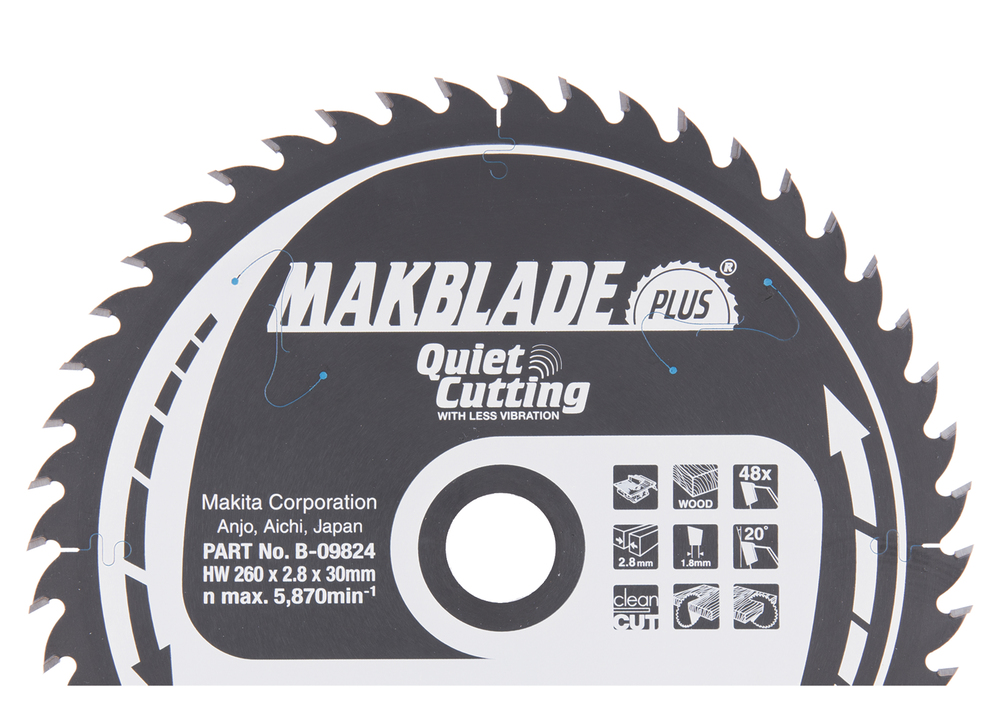 T.C.T hammastega saeketas puidu lõikamiseks 260X2.8X30mm 20° T48 MAKBLADE PLUS – Makita
