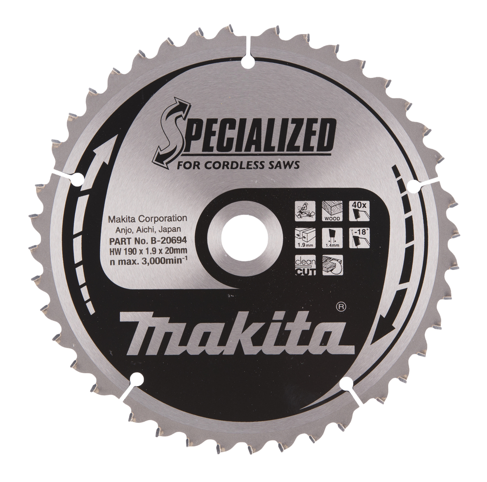 T.C.T hammastega saeketas puidu lõikamiseks 190X1.9X20mm -18° T40 SPECIALIZED saeketas akusaagidele – Makita