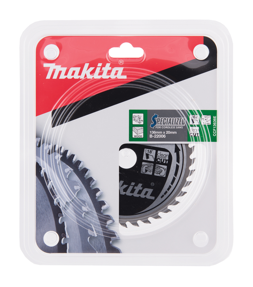 T.C.T hammastega saeketas puidu lõikamiseks 136X1.5X20mm 18° T36 SPECIALIZED saeketas akusaagidele – Makita
