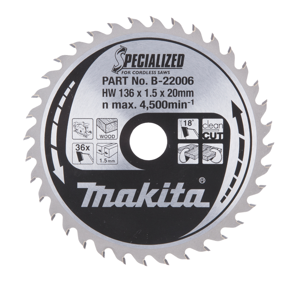 T.C.T hammastega saeketas puidu lõikamiseks 136X1.5X20mm 18° T36 SPECIALIZED saeketas akusaagidele – Makita