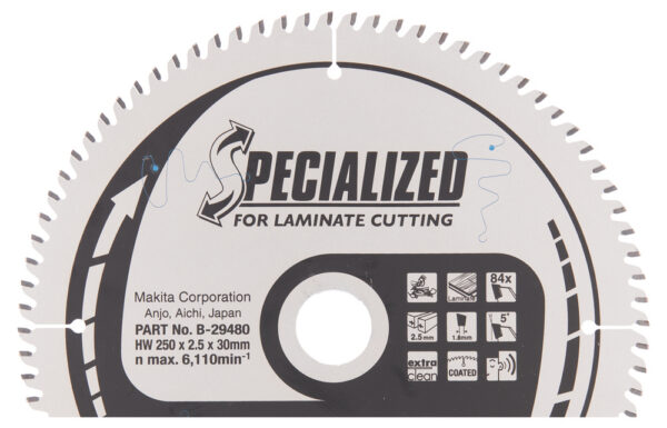 T.C.T hammastega saeketas MDF-i/laminaadi-I lõikamiseks 250X2.5X30mm 5° T84 SPECIALIZED saeketas laminaadi lõikamiseks – Makita