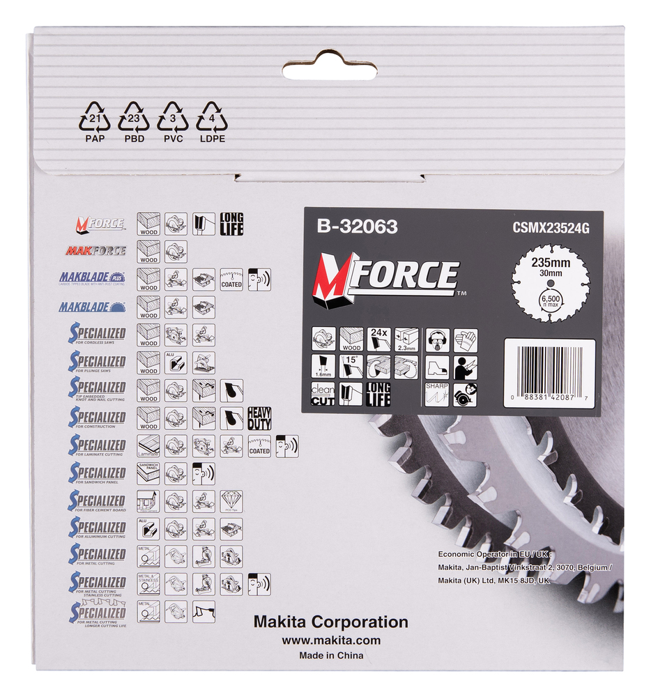 T.C.T hammastega saeketas puidu lõikamiseks 235X2.3X30mm 15° T24 M-FORCE – Makita