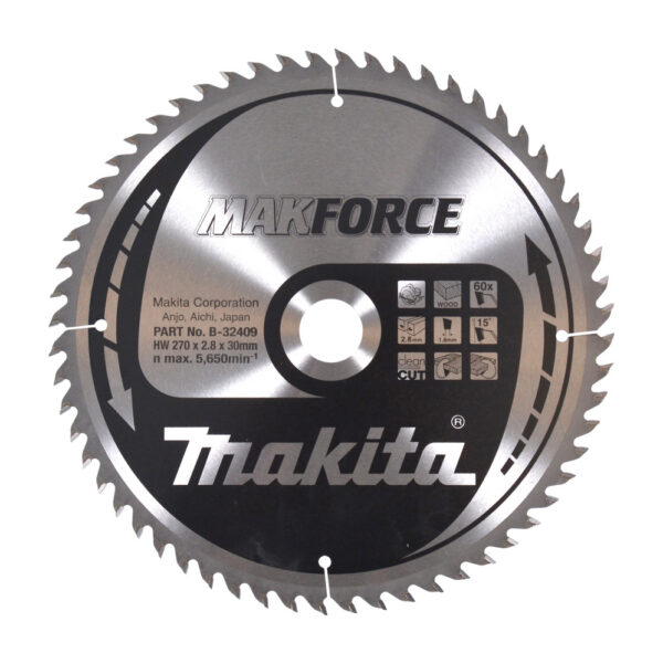 T.C.T hammastega saeketas puidu lõikamiseks270x30x2,8mm 60T 15° CLEAN CUT, MAKFORCE saeketas kaasaskantavatele saagidele – Makita