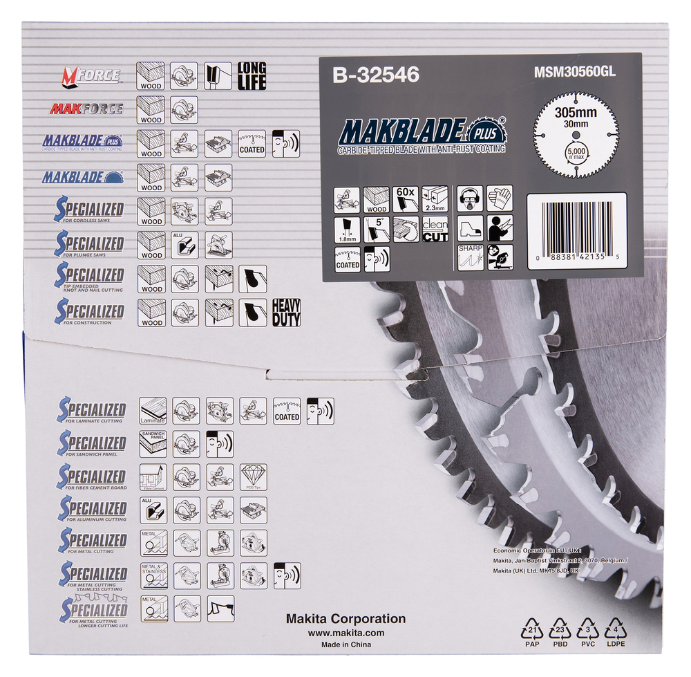 T.C.T hammastega saeketas puidu lõikamiseks 305X2.3X30mm 5° T60 MAKBLADE PLUS – Makita
