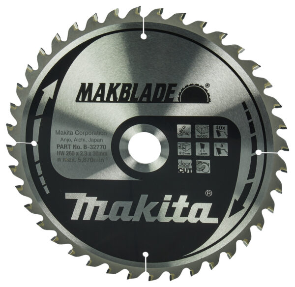 T.C.T hammastega saeketas puidu lõikamiseks 260X2.3X30mm 5° T40 MAKBLADE – Makita