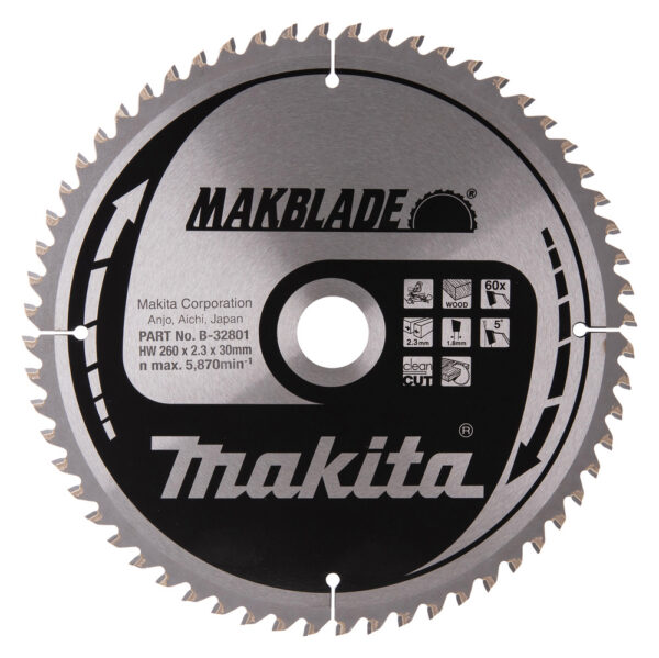 T.C.T hammastega saeketas puidu lõikamiseks 260X2.3X30mm 5° T60 MAKBLADE – Makita