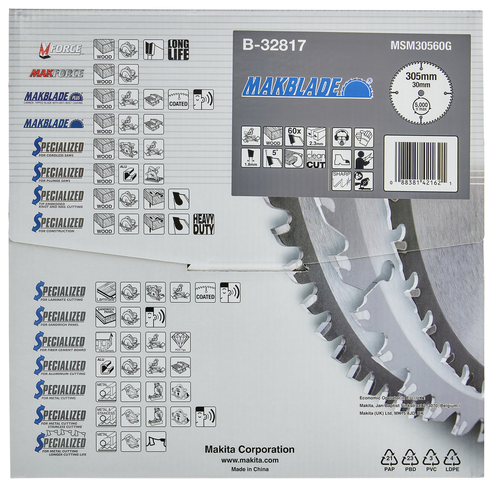T.C.T hammastega saeketas puidu lõikamiseks 305X2.3X30mm 5° T60 MAKBLADE saeketas statsionaarsetele saagidele – Makita