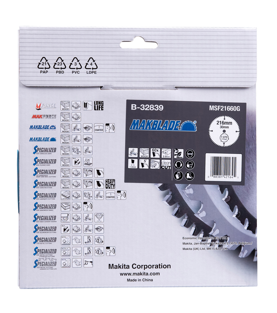 T.C.T hammastega saeketas puidu lõikamiseks 216X2X30mm 5° T60 MAKBLADE – Makita