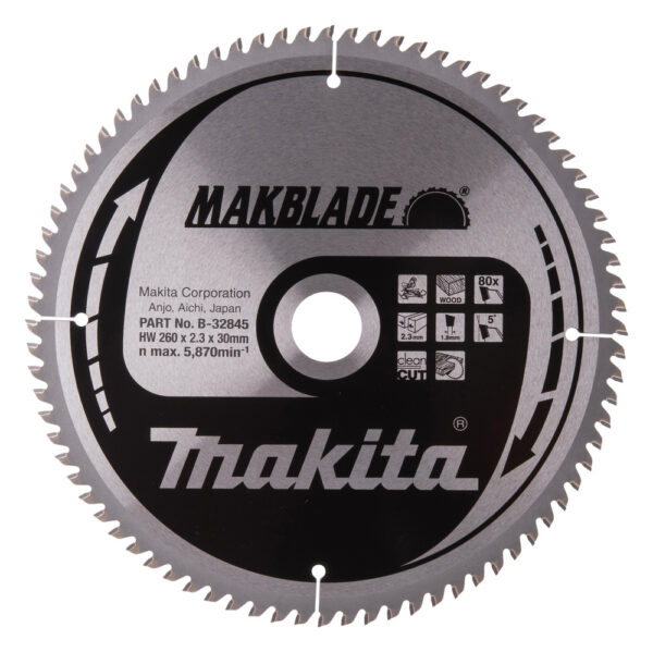 T.C.T hammastega saeketas puidu lõikamiseks 260X2.3X30mm 5° T80 MAKBLADE – Makita
