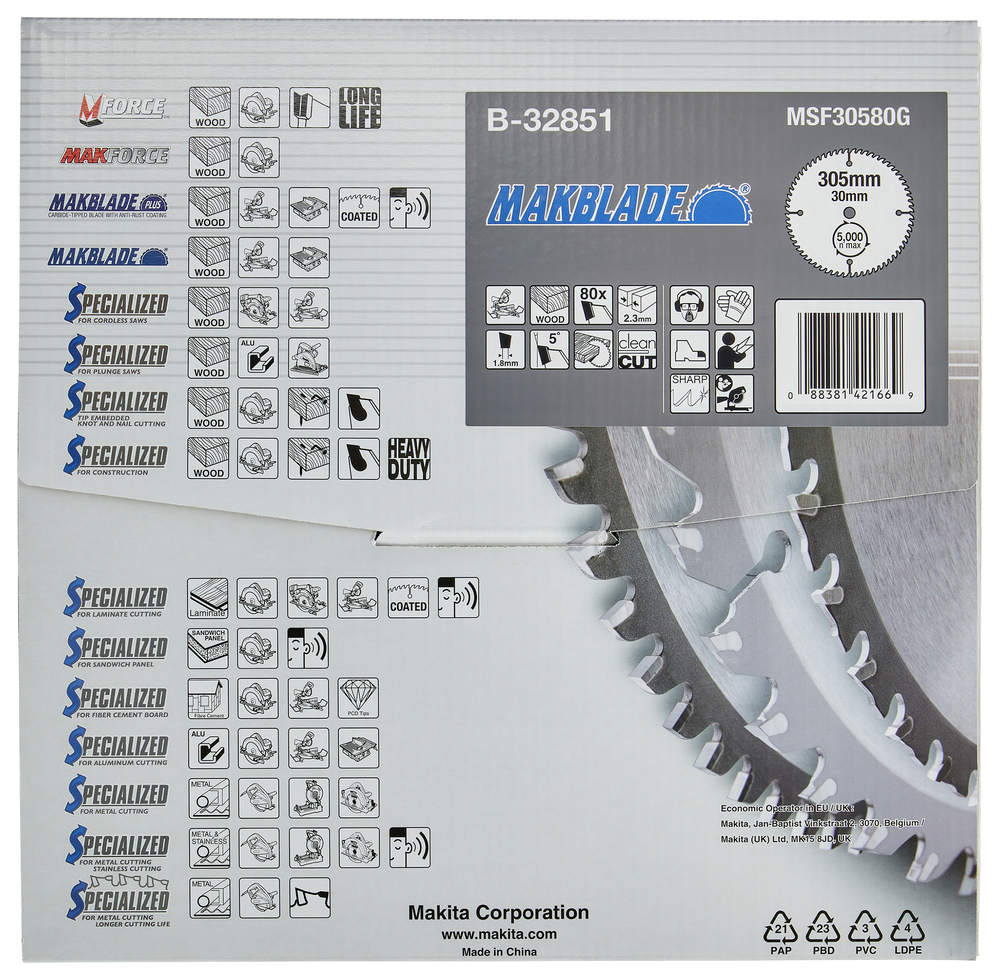 T.C.T hammastega saeketas puidu lõikamiseks 305X2.3X30mm 5° T80 MAKBLADE – Makita
