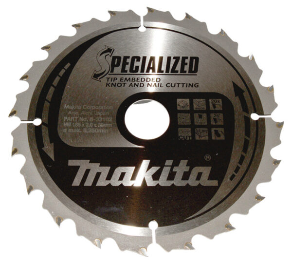 T.C.T hammastega saeketas Naeladega puidu lõikamiseks 185X2X30mm 25° T20 SPECIALIZED saeketas oksakohtade ja naeltega materjali lõikamiseks – Makita