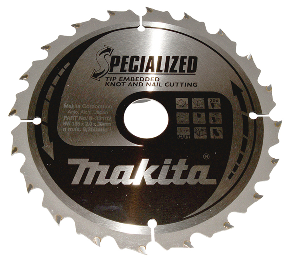 T.C.T hammastega saeketas Naeladega puidu lõikamiseks 185X2X30mm 25° T20 SPECIALIZED saeketas oksakohtade ja naeltega materjali lõikamiseks – Makita