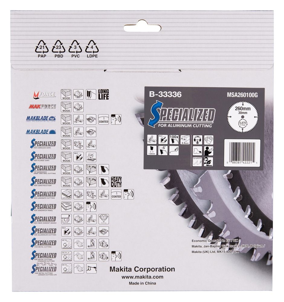 T.C.T hammastega saeketas alumiiniumi lõikamiseks 260X2.4X30mm -5° T100 SPECIALIZED – Makita