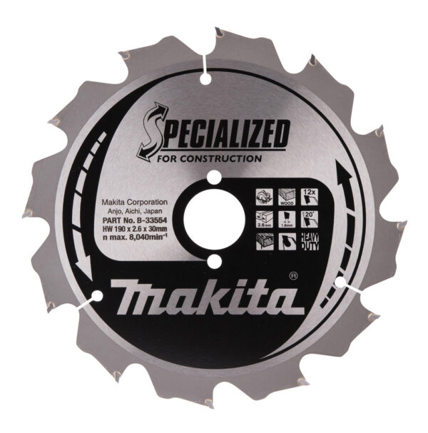 T.C.T hammastega saeketas Naeladega puidu lõikamiseks 190X2.6X30mm 20° T12 SPECIALIZED saeketas ehitusel kasutamiseks – Makita