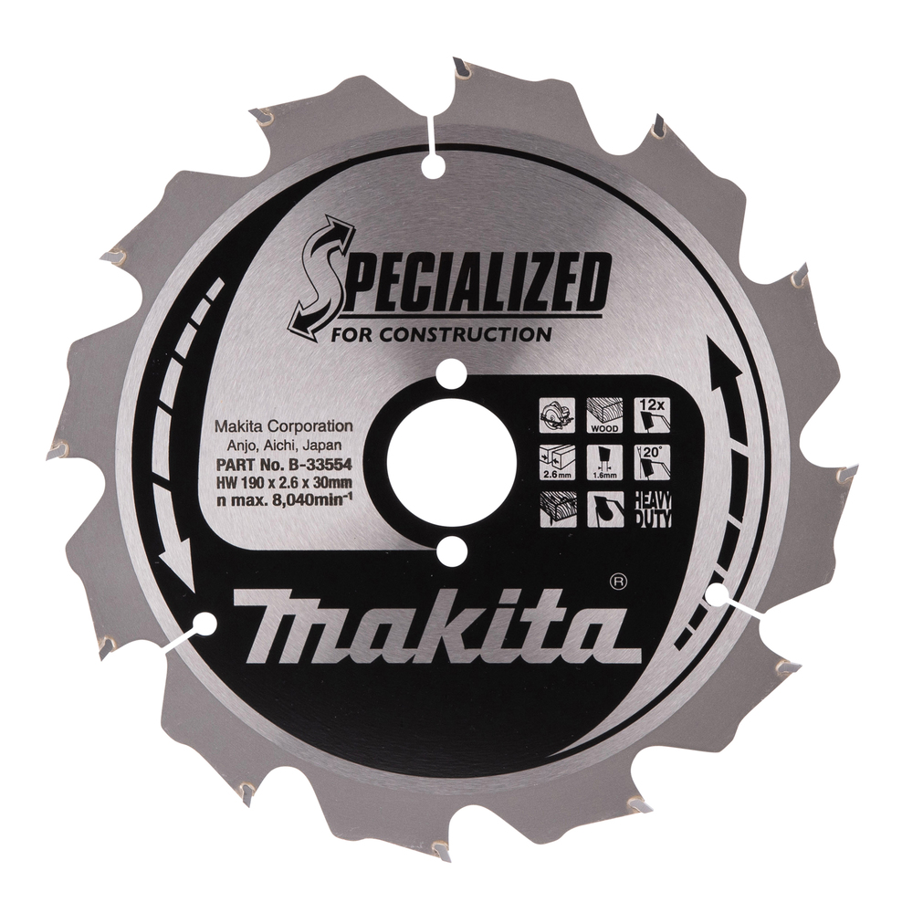 T.C.T hammastega saeketas Naeladega puidu lõikamiseks 190X2.6X30mm 20° T12 SPECIALIZED saeketas ehitusel kasutamiseks – Makita
