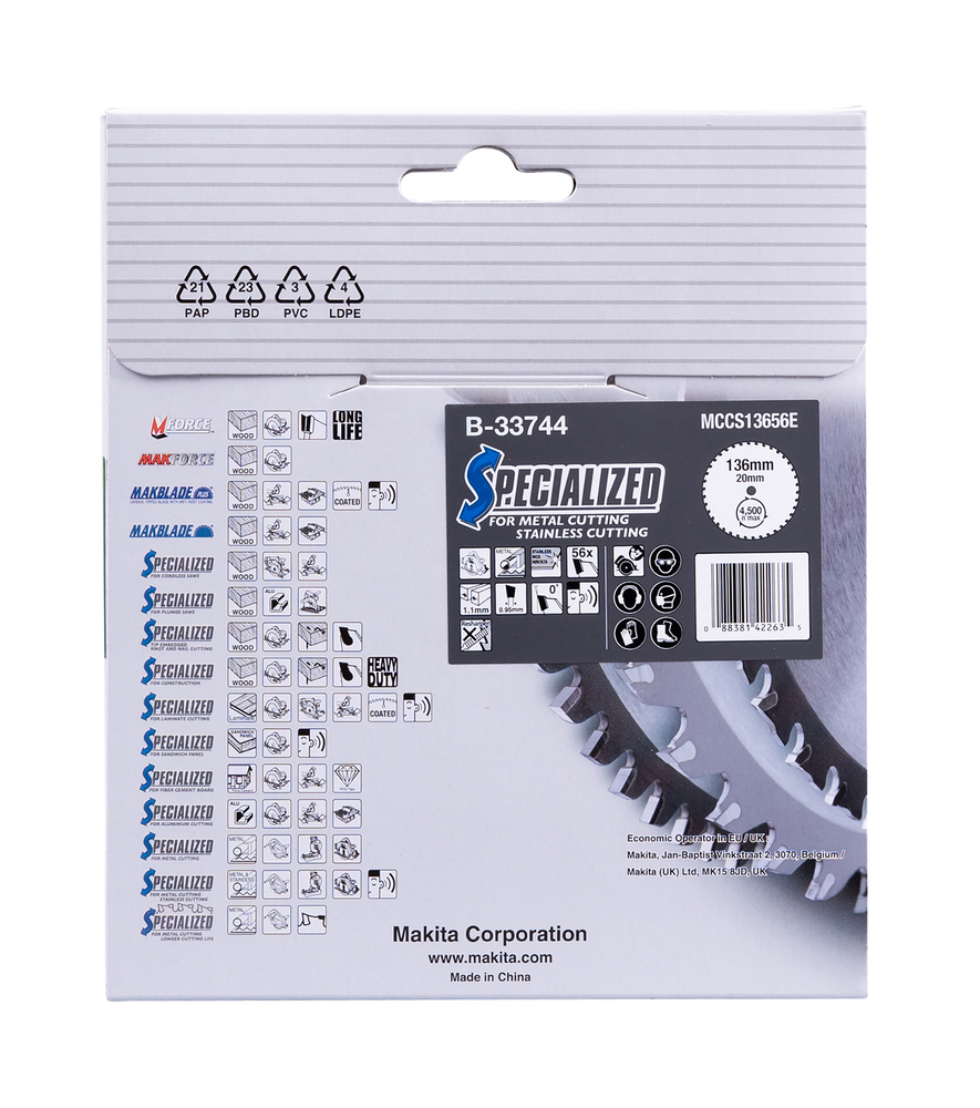 T.C.T hammastega saeketas metalli lõikamiseks 136X1.1X20mm 0° T56 SPECIALIZED, Roostevabateras – Makita