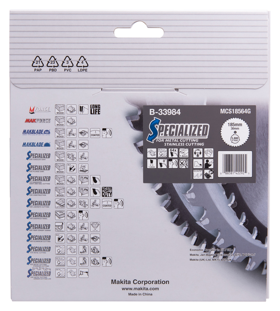 T.C.T hammastega saeketas metalli/roostevaba teras lõikamiseks 185X1.6X30mm 0° T64 SPECIALIZED – Makita