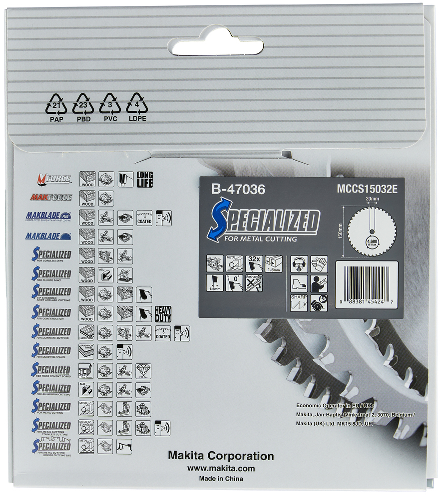 T.C.T hammastega saeketas metalli lõikamiseks 150X1.5X20mm 0° T32 SPECIALIZED – Makita