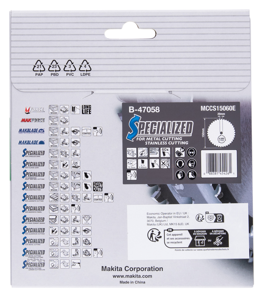 T.C.T hammastega saeketas metalli lõikamiseks 150X1.1X20mm 0° T60 SPECIALIZED; Roostevabateras – Makita