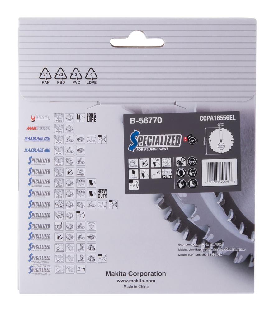 T.C.T hammastega saeketas alumiiniumi lõikamiseks 165X2X20mm -3° T56 SPECIALIZED saeketas sukelduslõigetele – Makita
