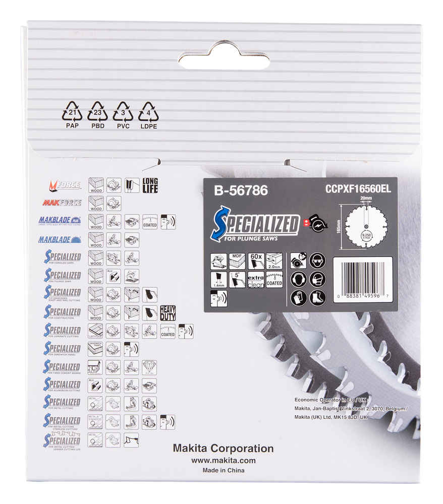 T.C.T hammastega saeketas MDF-i/laminaadi-I lõikamiseks 165X2X20mm 5° T60 SPECIALIZED saeketas sukelduslõigetele – Makita