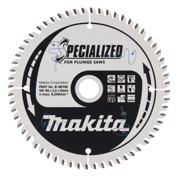 T.C.T hammastega saeketas MDF-i/laminaadi-I lõikamiseks 165X2X20mm 5° T60 SPECIALIZED saeketas sukelduslõigetele – Makita
