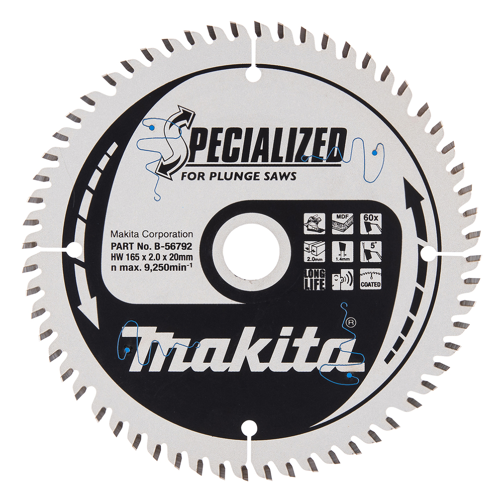 T.C.T hammastega saeketas MDF-i/laminaadi-I lõikamiseks 165X2X20mm 5° T60 SPECIALIZED saeketas sukelduslõigetele – Makita