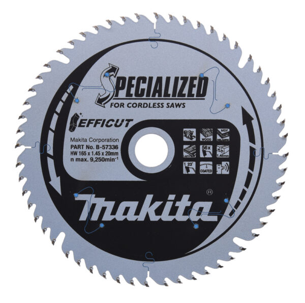 T.C.T hammastega saeketas puidu/MDF-i/laminaadi lõikamiseks 165X1.45X20mm 23° T56 EFFICUT – Makita